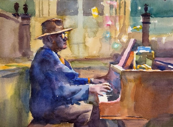 Watercolor painting of a man playing a piano outdoors with a blurred background