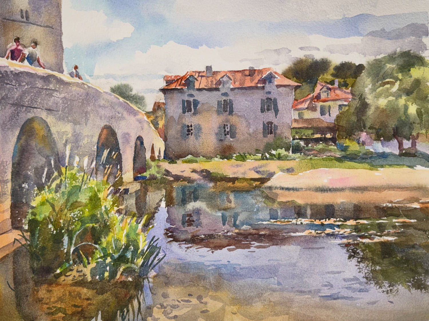 Watercolor painting of a bridge over a river with a house in the background
