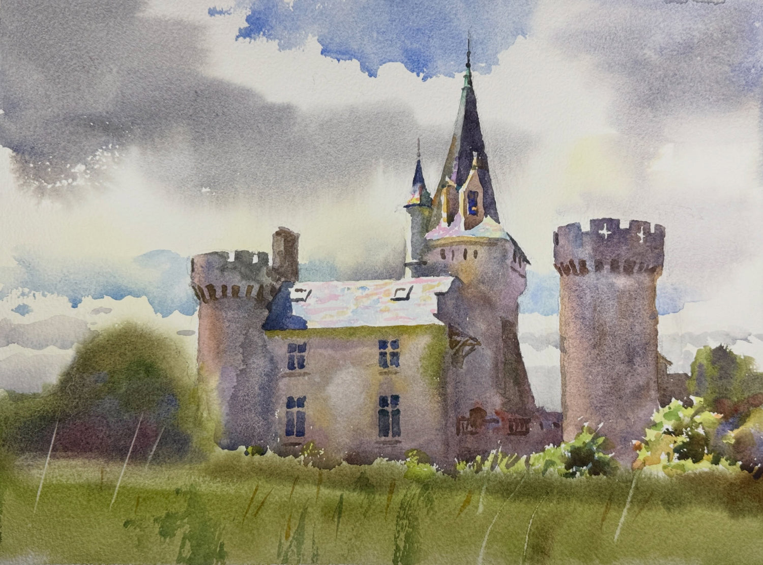 Watercolor painting of a castle with a detailed tower and surrounding greenery.