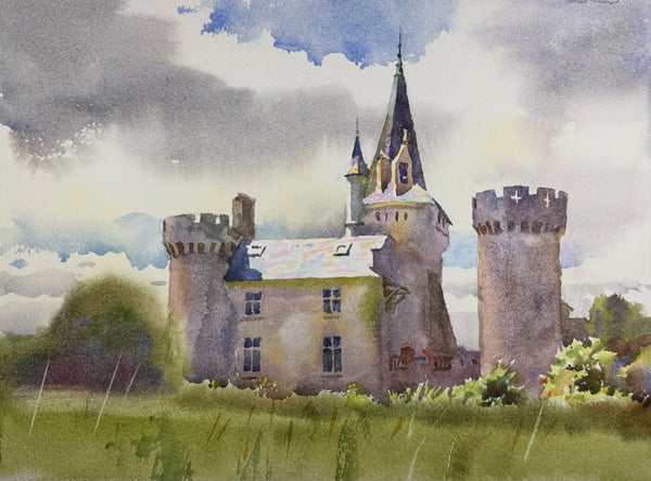 Watercolor painting of a castle with a detailed tower and surrounding greenery.
