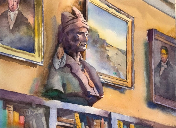Artistic depiction of a Native American bust in a gallery setting with portraits on the wall.